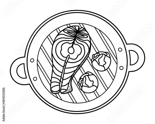 Outline Salmon and Brussels sprouts on Grill pan with grate on bottom Sticker Icon Minimalist Design