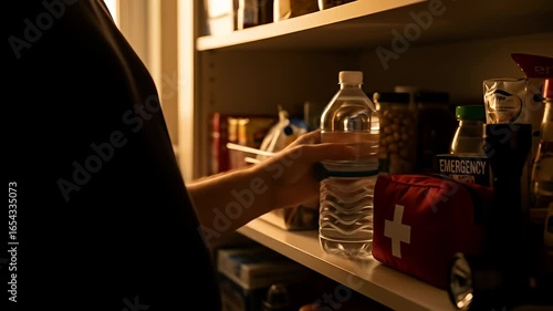 Hand reaches into a warm, dimly lit pantry to grab a plastic bottle of water