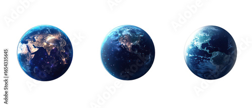 Wallpaper Mural Three Earth Globes in a Blue and Dark Color Palette Illustrating Night Cities and Global Lights Against Transparent Background Torontodigital.ca