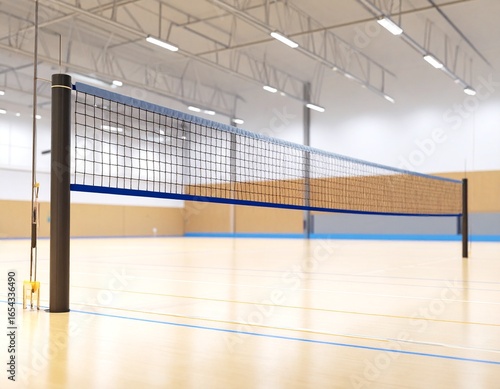 An empty professional volleyball court with a net in a brightly lit gym