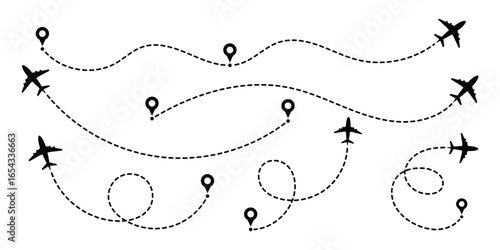 Airplane routes flight path vector with location pins. Airplane line path icon of air plane flight route with start point and dash dotted line trace.