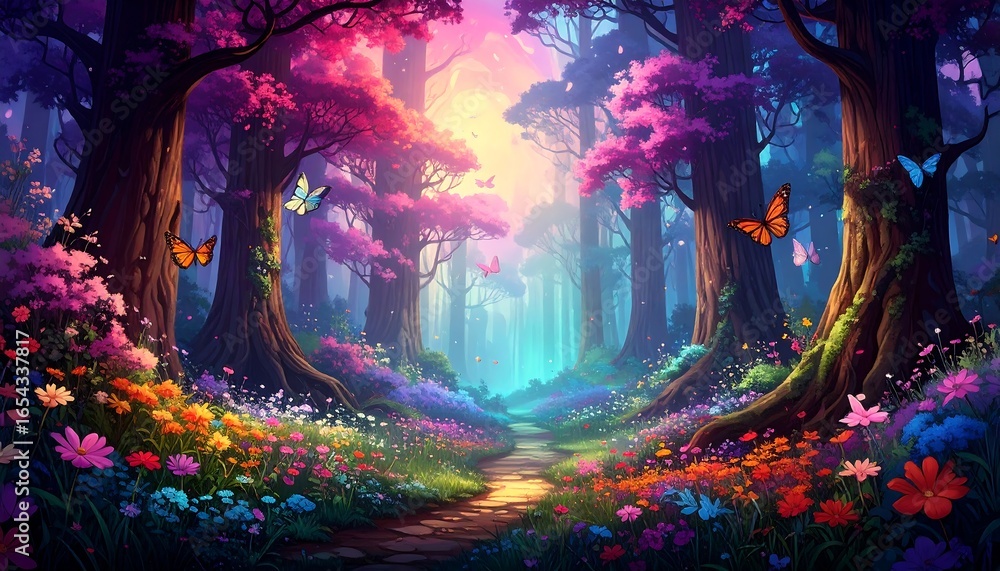 Fototapeta premium A vibrant, fantastical forest path bathed in a dreamy light