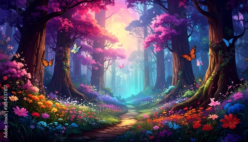 Fototapeta Naklejka Na Ścianę i Meble -  A vibrant, fantastical forest path bathed in a dreamy light