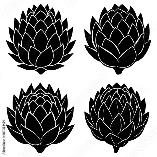 Four stylized artichoke flowers in black and white with overlapping petals arranged symmetrically in rows