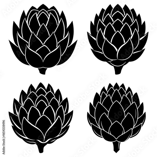 Four artichoke illustrations in a black and white vector format with detailed petal arrangements and stem