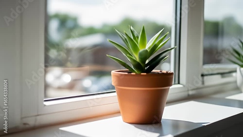 Two potted succulent plants are on a bright window sill with a blurred background