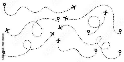 Flight path line designs illustrating airplane tracking routes with dynamic dotted lines for travel maps . Vector illustration of air plane flight route