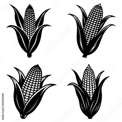 Four black and white corn cobs with husks in varying positions on a white background illustration