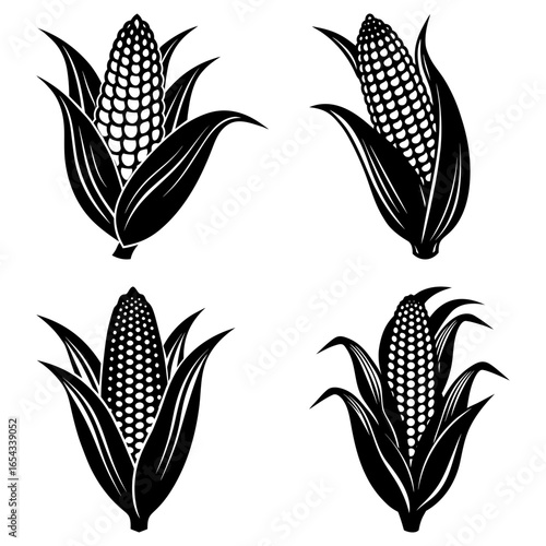Four black and white corn cobs with husks in varying orientations on a white background vector illustration