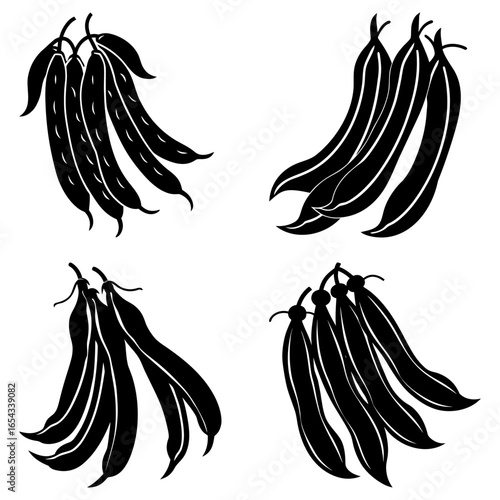 Four groups of black and white string beans arranged in a square format on a white background