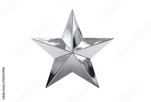 Shiny silver metallic star shape isolated on transparent background for award, decoration, or graphic design element in modern style