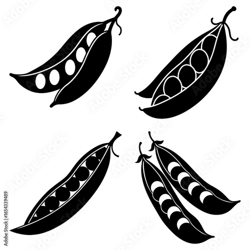 Illustration of four open pea pods with visible peas in a black and white color scheme design style