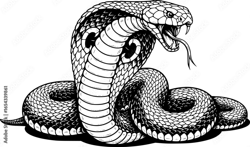 Fototapeta premium a cobra with its hood extended, black and white, detailed ink drawing, sharp fangs, forked tongue, striking pose, stylized, vector art