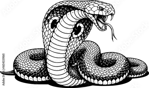 a cobra with its hood extended, black and white, detailed ink drawing, sharp fangs, forked tongue, striking pose, stylized, vector art