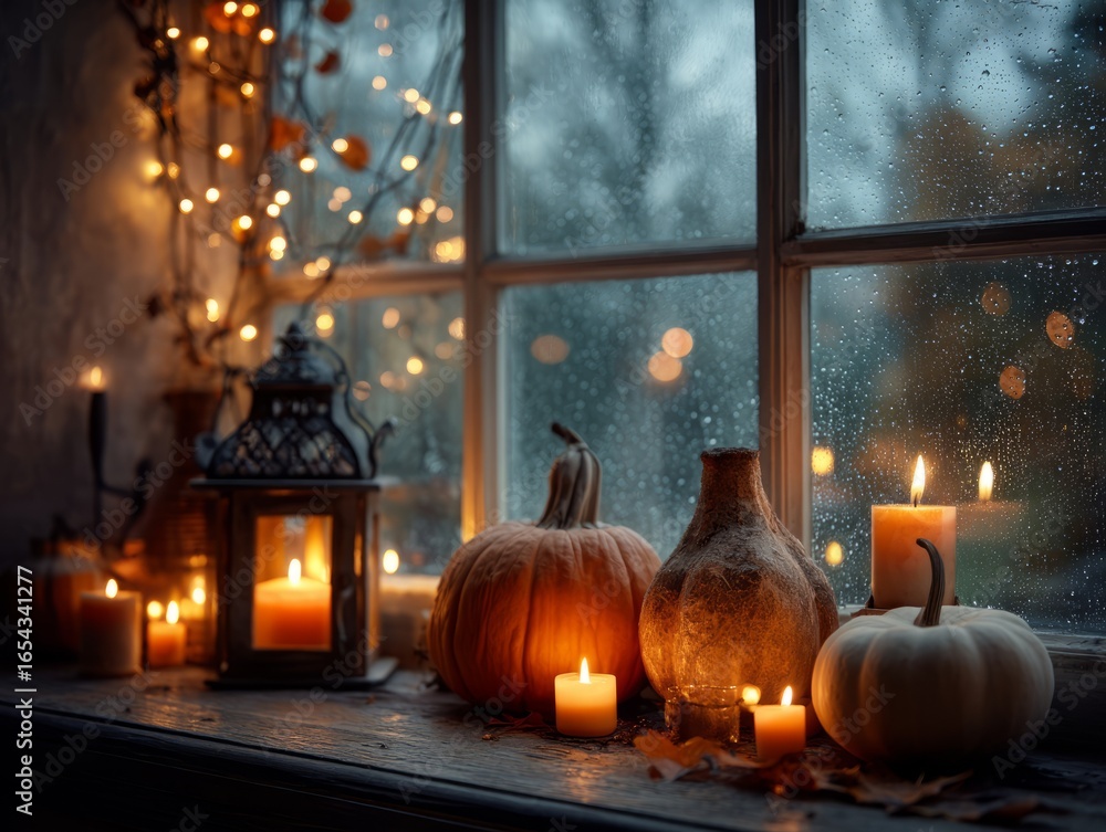 Obraz premium Cozy autumn window scene with pumpkins, candles and rainy atmosphere