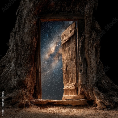 Ancient wooden door opens to starry night sky