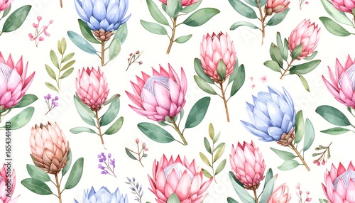 A delightful floral pattern showcases vibrant pink and blue protea flowers, accented by lush greenery and delicate small blossoms, creating a cheerful and natural design.