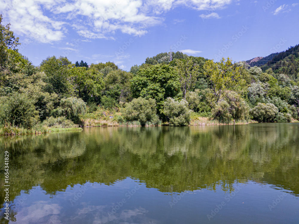 Fototapeta premium VIew to lake, trees and hills