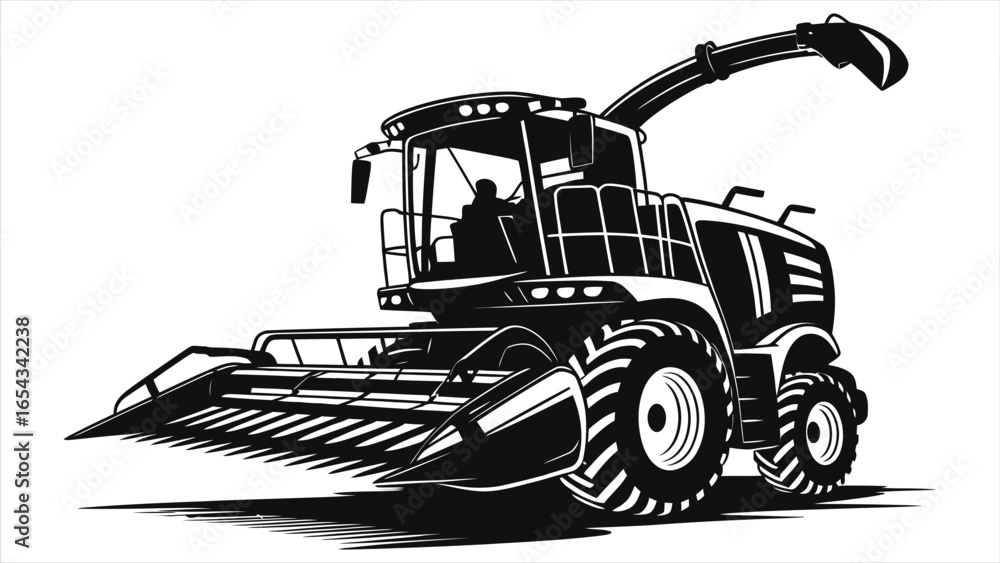 Naklejka premium Black and white vector illustration of a modern agricultural forage harvester with large tires and cutting header, symbolizing advanced farming machinery, crop harvesting, and agricultural technology.