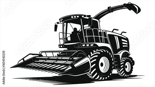 Black and white vector illustration of a modern agricultural forage harvester with large tires and cutting header, symbolizing advanced farming machinery, crop harvesting, and agricultural technology.