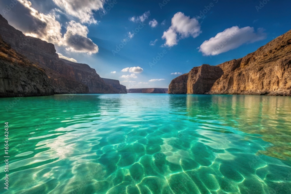 Obraz premium Turquoise sea water, rocky cliffs, sunny landscape, blue sky with clouds