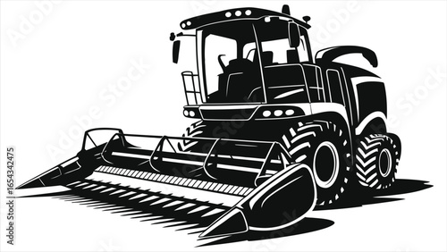 Black and white vector illustration of a modern agricultural combine harvester with large tires and cutting header, symbolizing advanced farming machinery, crop harvesting, and agricultural technology
