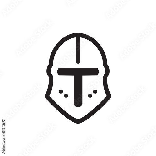 A black and white line drawing of a knight's helmet.
