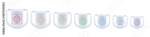 Crystal singing bowls set with hummer and chakras symbols. Sound therapy and sound healing concept vector illustration.