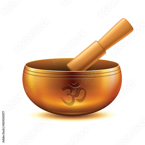 Tibetan singing bowl  with hummer and aum symbol. Sound therapy and sound healing concept.