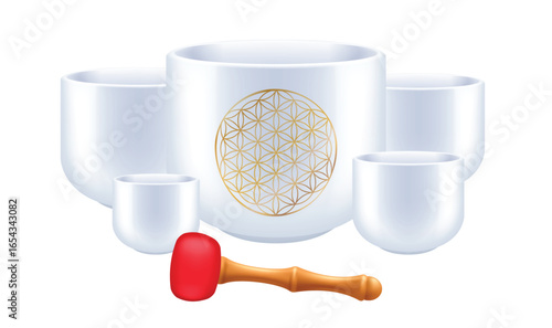 Crystal singing bowls set with hummer and flower of life symbol. Sound therapy and sound healing concept vector illustration.
