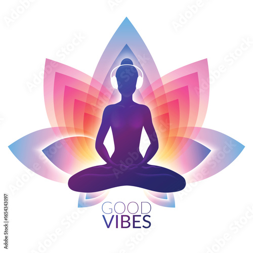 Sound therapy concept. Woman meditates in lotus pose, listening to relaxing music in headphones. Sound bath and sound healing illustration.