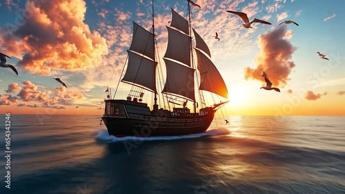 Antique ship sailing at sunset