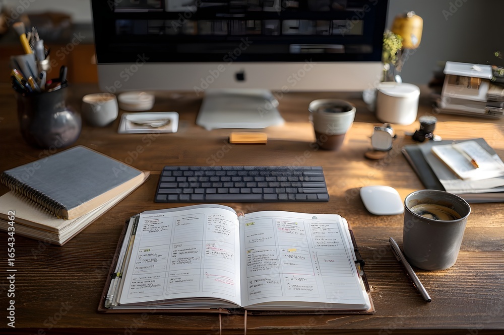 Obraz premium A sleek workspace, where creativity and productivity are intertwined, carefully arranged, lies open, surrounded by inspiring tools, while a cup of coffee is available to spark big ideas
