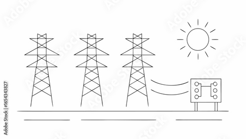 Vector three power line towers connected to a transformer under the sun in a simple black and white drawing