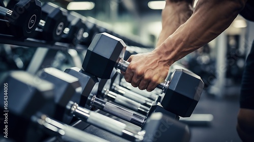 Dedicated athlete grabs heavy dumbbell from rack for intense strength training workout session