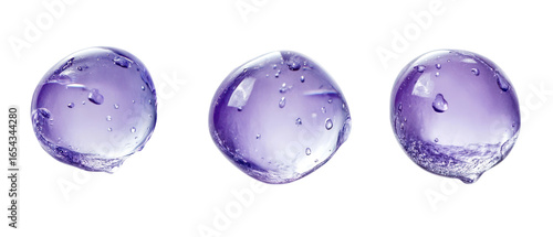 Three Purple Spheres With Water Droplets Against Transparent Background