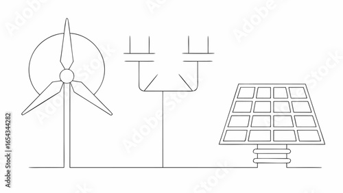 Vector illustration of renewable energy sources including a wind turbine and solar panel with connectors shown