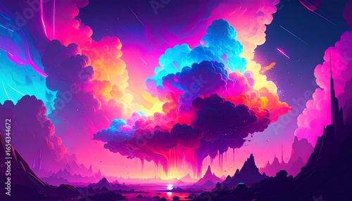 Vibrant, surreal landscape with massive, colorful clouds