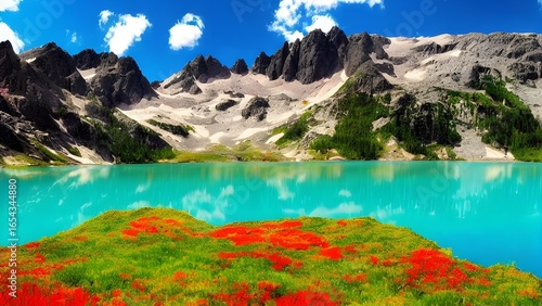 Vast blue sky and high mountain peaks reflect in the clear water of a beautiful alpine lake