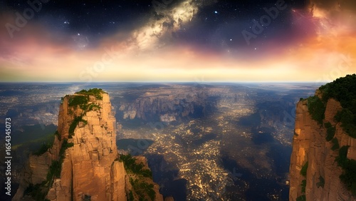 Golden sunbeams illuminate the mountain peaks at dawn, casting a vibrant orange glow across the dramatic canyon landscape