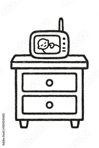 Baby monitor on nightstand showing infant in black and white style  