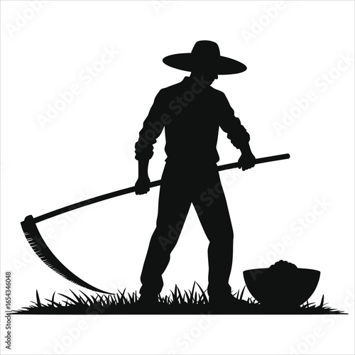 Farmer silhouette with scythe vector illustration. Agricultural worker or peasant mowing grass and harvesting crops. Manual farm labor icon isolated on white background.