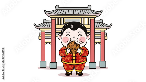 Cute cartoon Chinese boy in traditional red costume eating a mooncake by a paifang gate