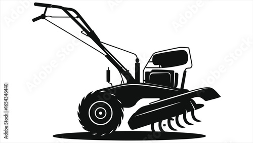 Black Silhouette Vector Illustration of a Garden Tiller Cultivator with Wheels and Tines, Handheld Farming and Gardening Tool Icon for Agricultural Equipment Designs