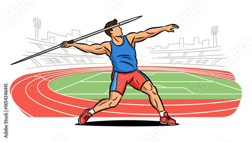 Dynamic vector illustration of a professional male athlete throwing a javelin at a stadium
