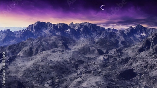 Night mountain landscape with moon, stars, and snow-covered peaks under a winter sky