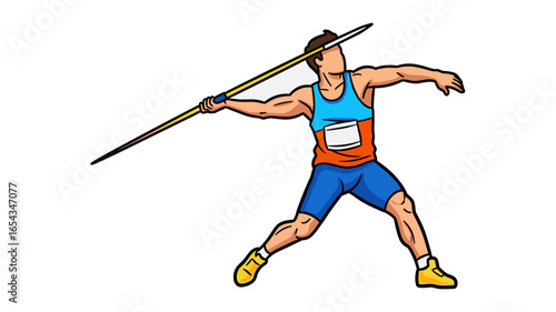 Male athlete in sportswear preparing to throw a javelin during a track and field event vector art.