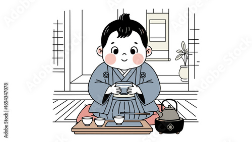 Cute Japanese boy in a traditional kimono performing a tea ceremony in a classic washitsu room.