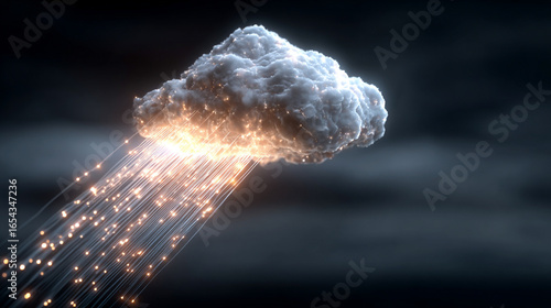 Abstract 3D illustration of cloud computing and data transfer, showing IaaS, PaaS, AI, and backup technology concepts with digital clouds and electric data streams.