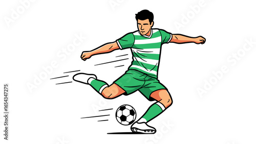 Dynamic vector illustration of a male soccer player character kicking a football with power
